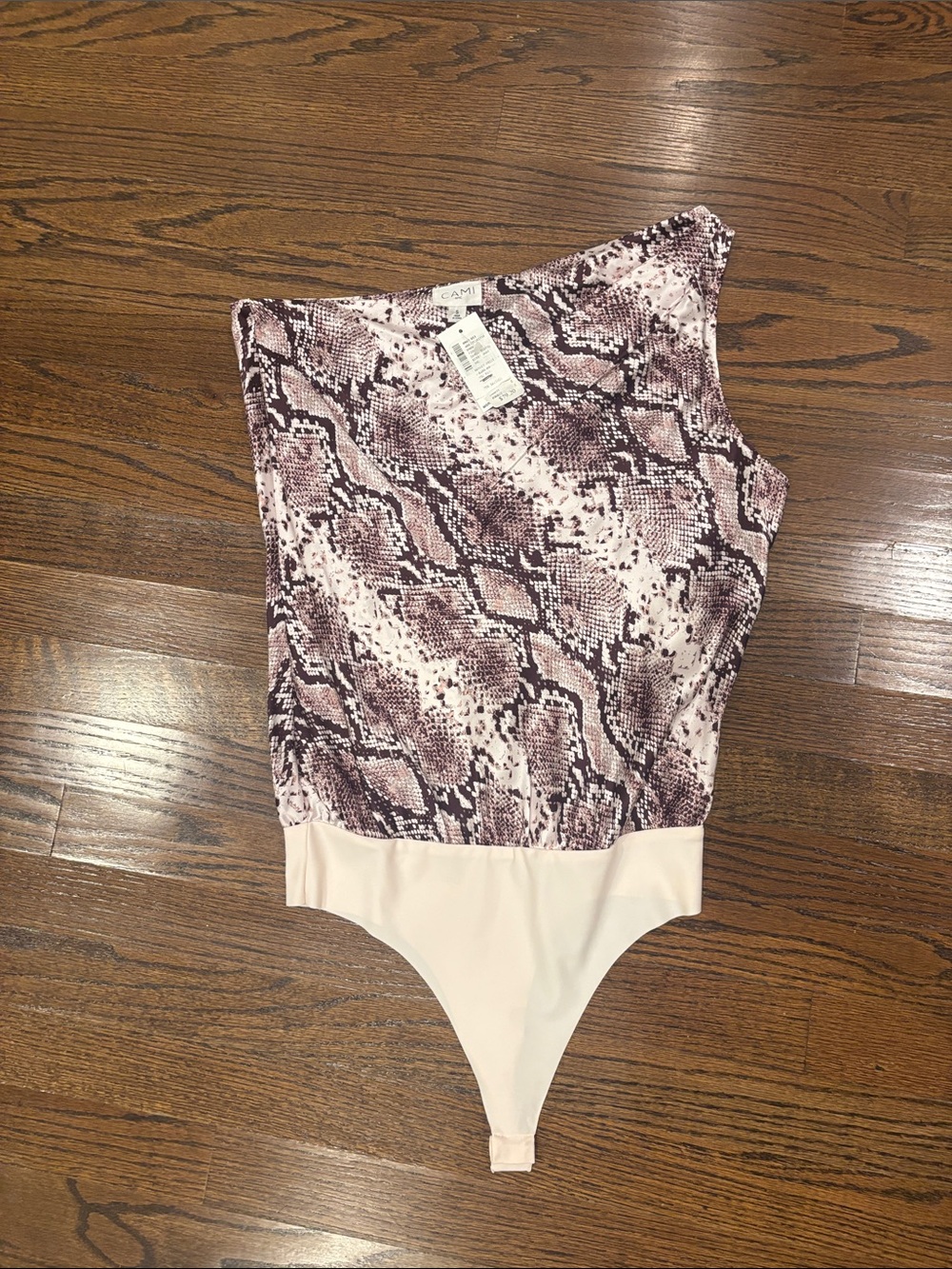 Cami One-Shoulder Snake-Print Bodysuit in Blush and Cream